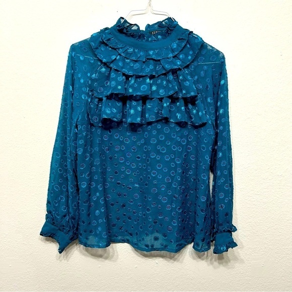 Dark ocean green jacquard-ruffle collar  Blouse Size L - Picture 10 of 10
